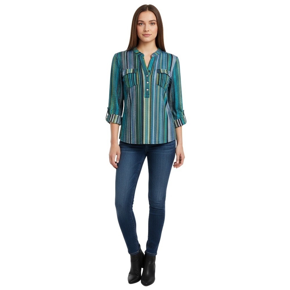 COCOMO Womens Striped Shirt‎ Size M Band Collar 3/4 Sleeve Glitter Glam